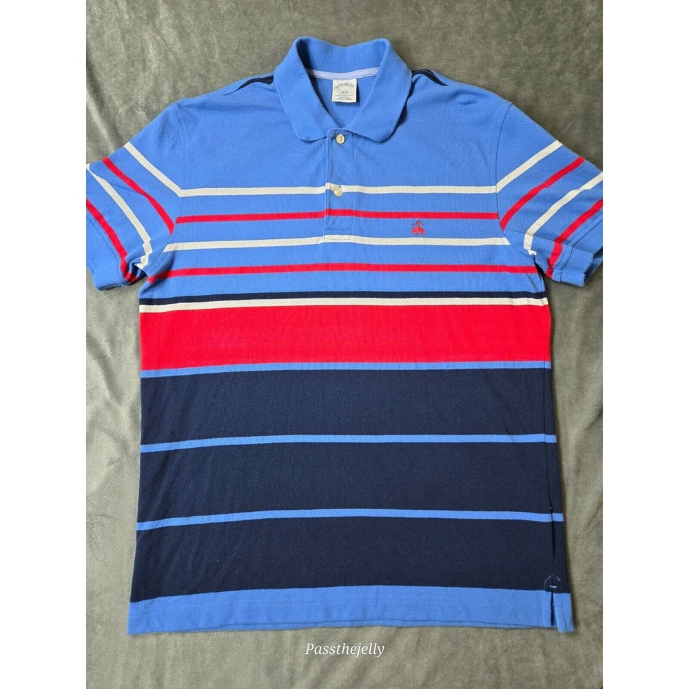 Brooks Brothers Polo‎ Shirt Mens Large Blue Striped Pique SS Logo USA Colorblock